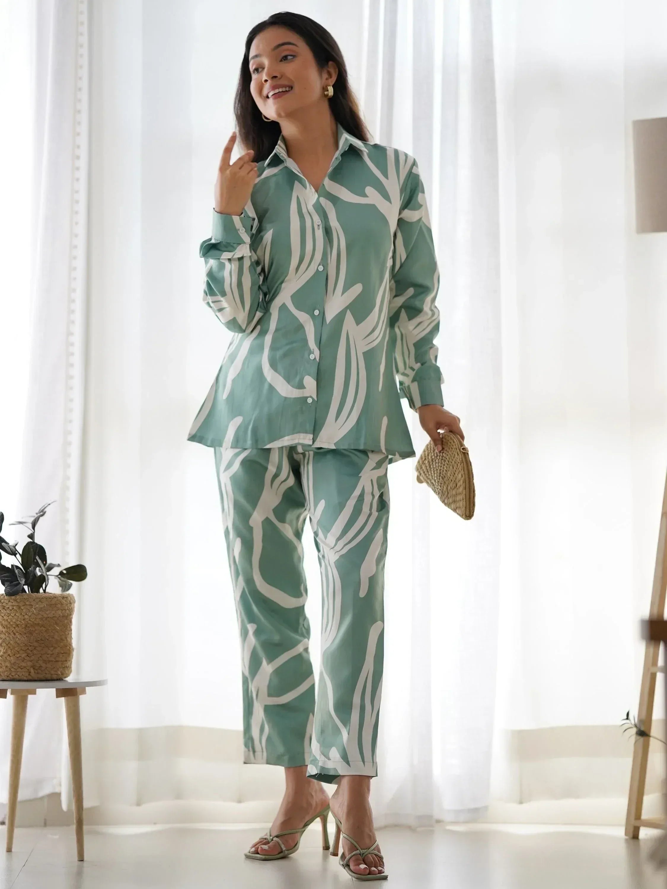 Green and white printed palazzo set with button-down shirt, stylish ethnic wear for women
