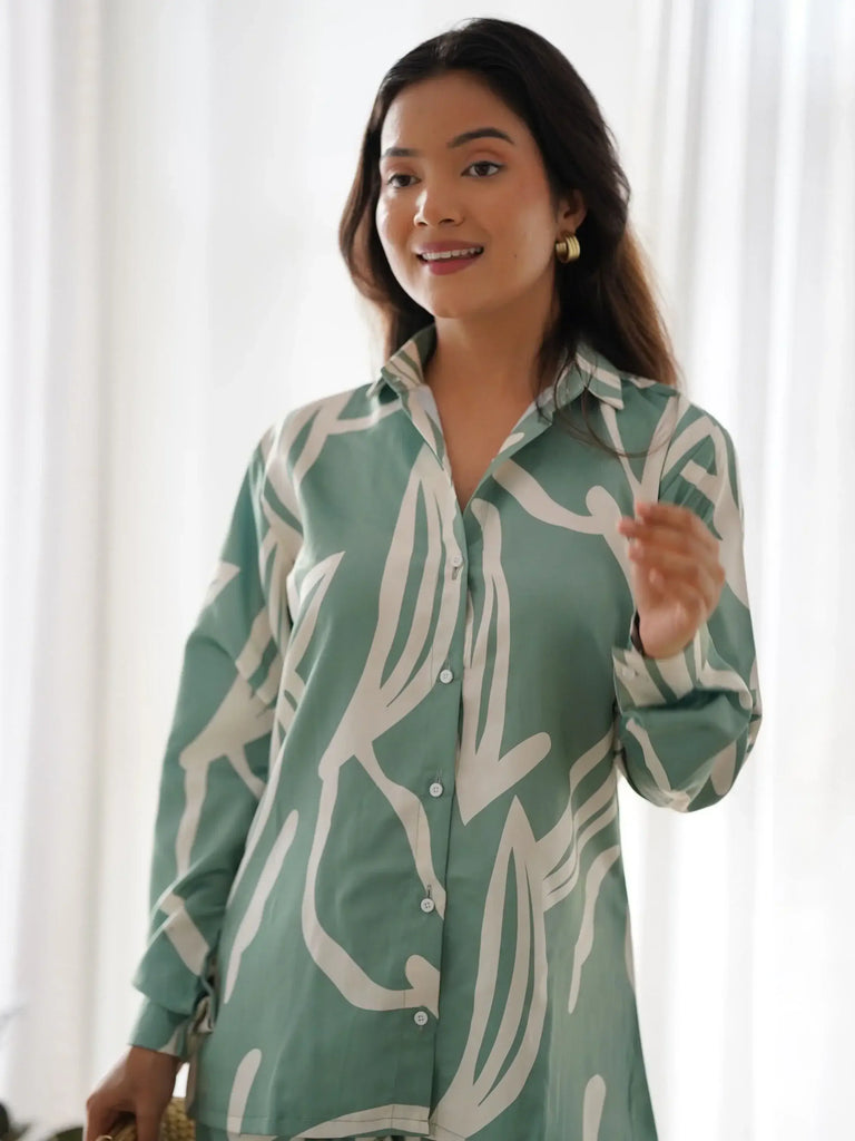 Glamorous Sea Green Digital Printed Satin Stylish Co-Ord Set
