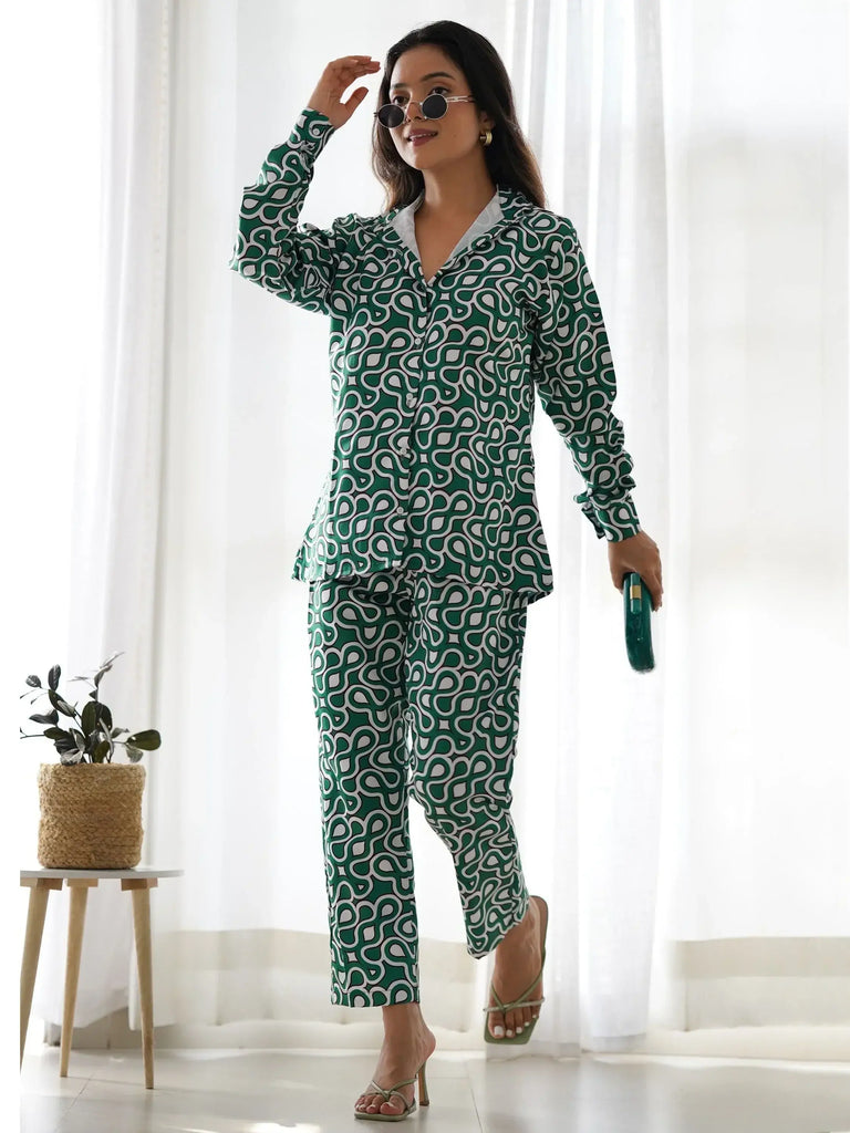 Beautiful Green Digital Printed Satin Casual Wear Co-Ord Set