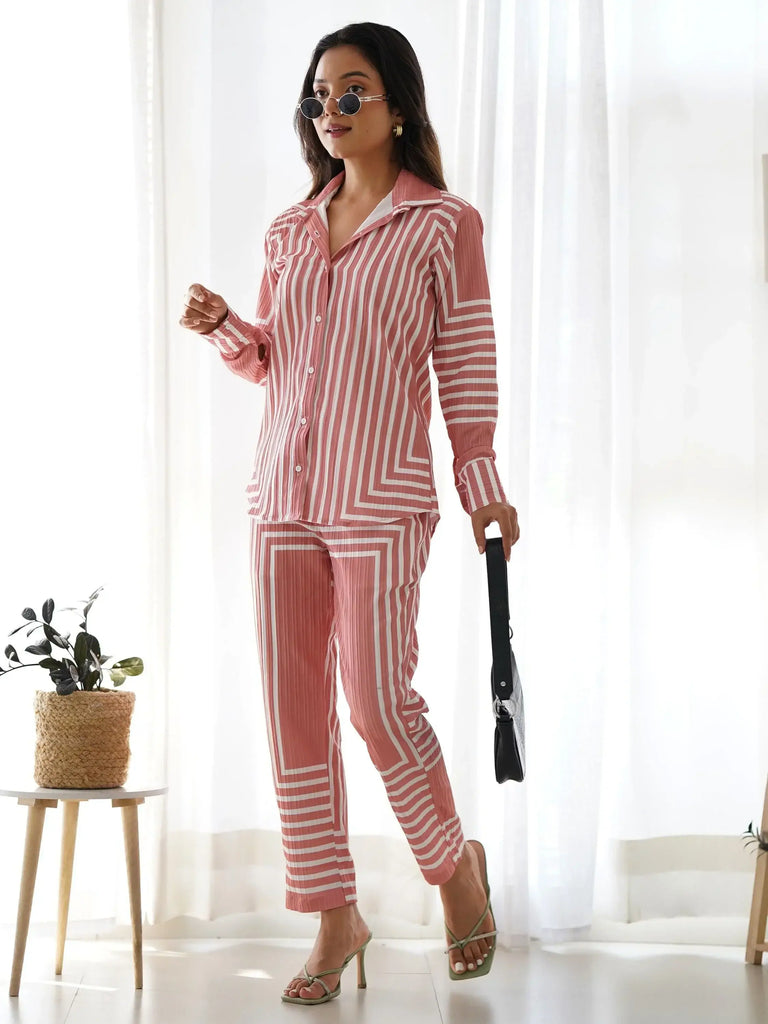 Fascinating Peach Printed Cotton Casual Wear Co-Ord Set