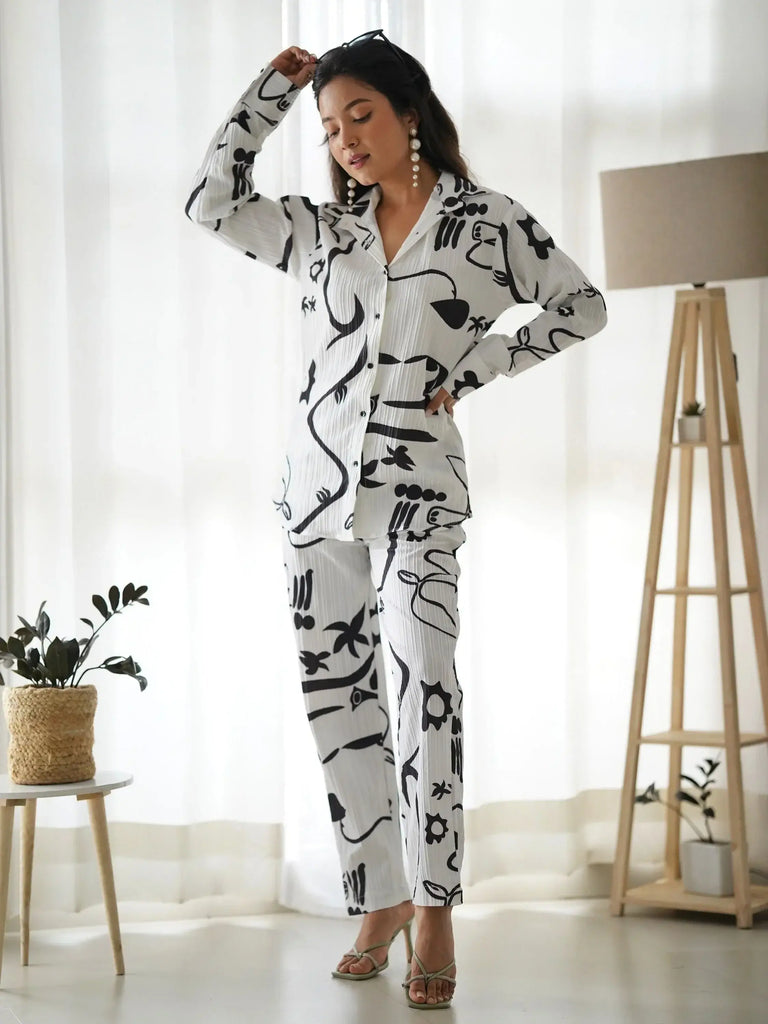 Attractive White Digital Printed Cotton Stylish Co-Ord Set