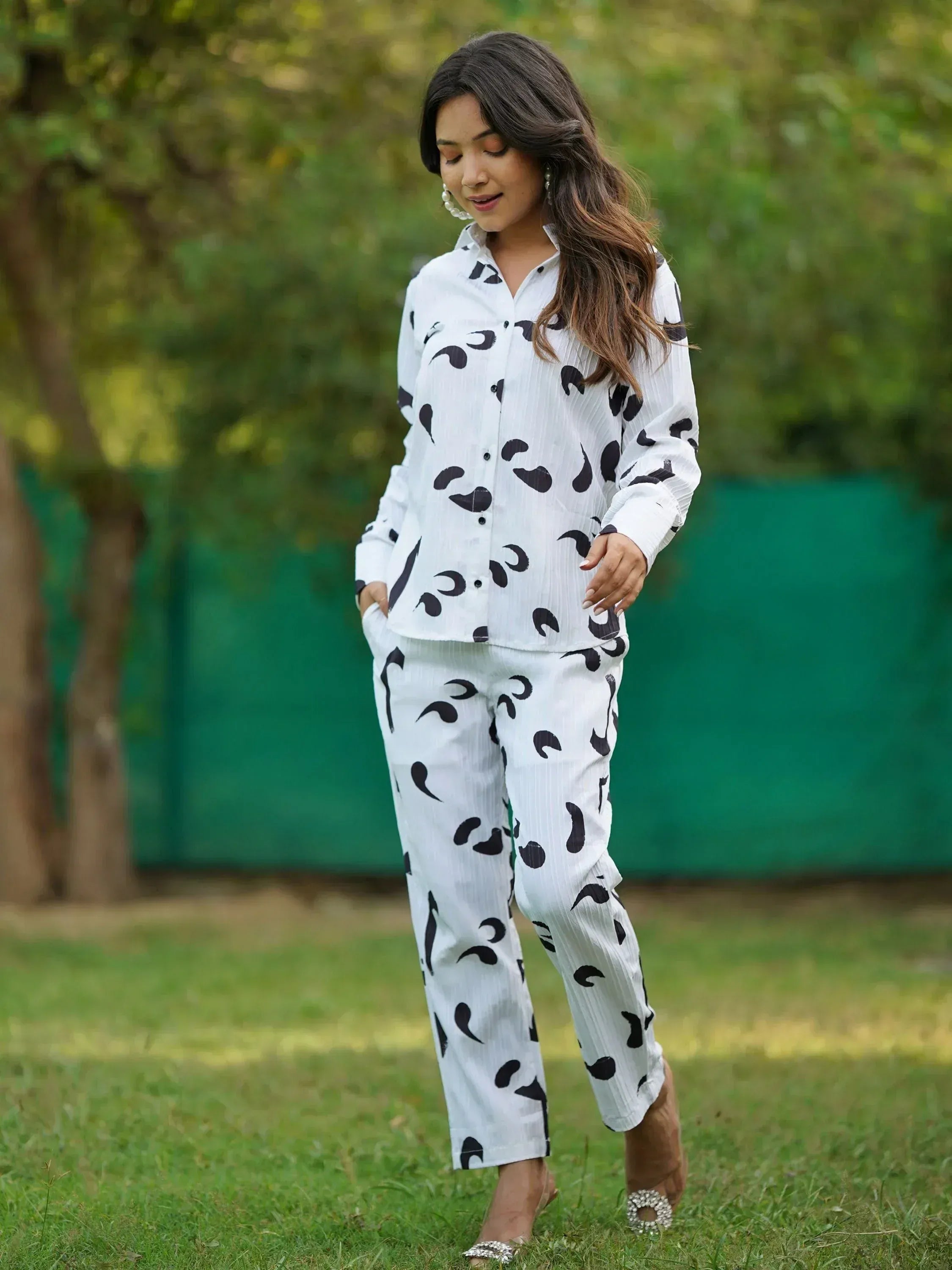 White printed ethnic pantsuit with black patterns, perfect for casual outdoor wear