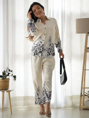Captivating White Floral Printed Satin Event Wear Co-Ord Set