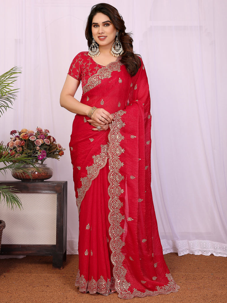 Pretty Red Sequins Chiffon Wedding Wear Saree With Blouse