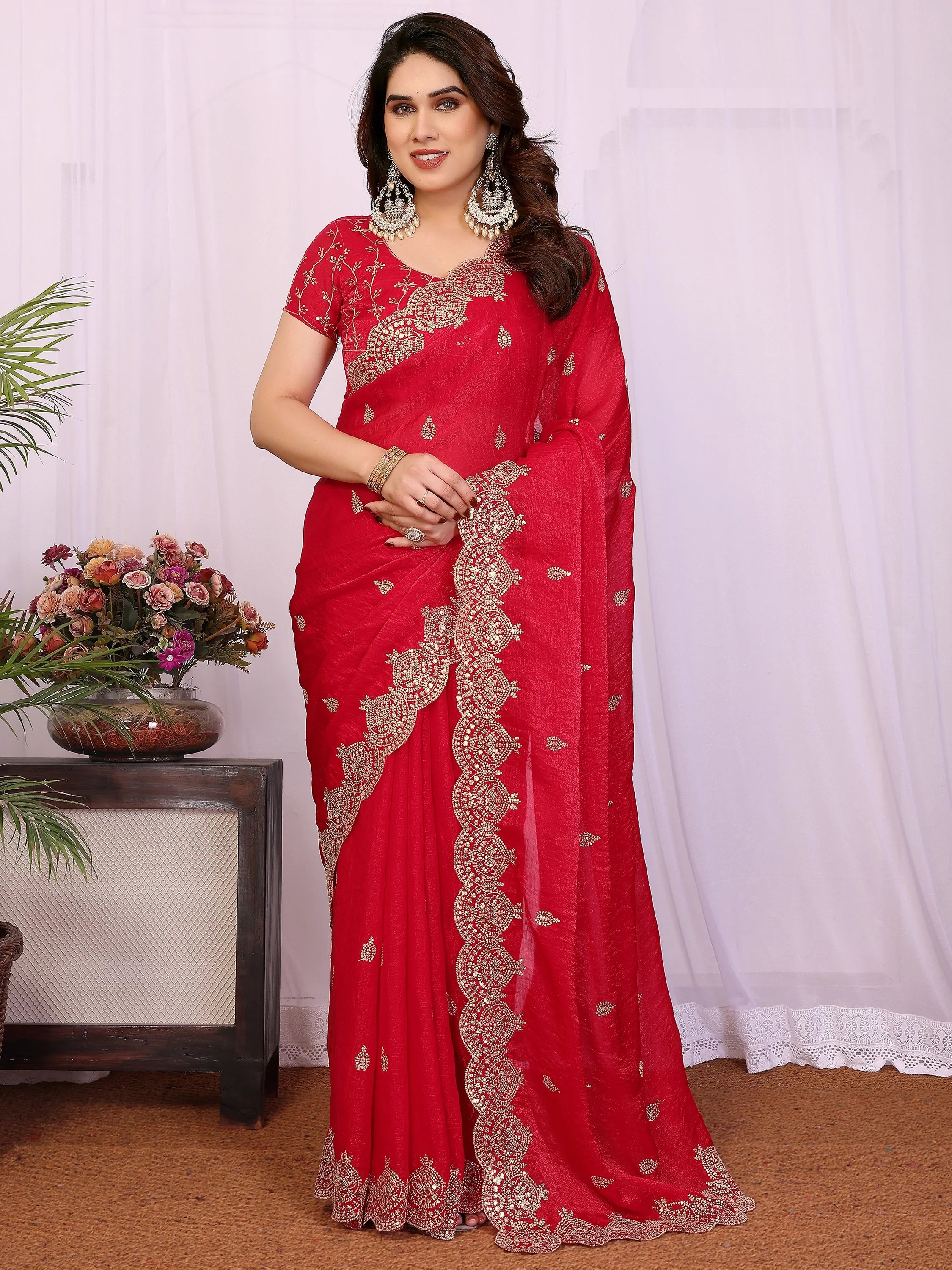 Pretty Red Sequins Chiffon Wedding Wear Saree With Blouse