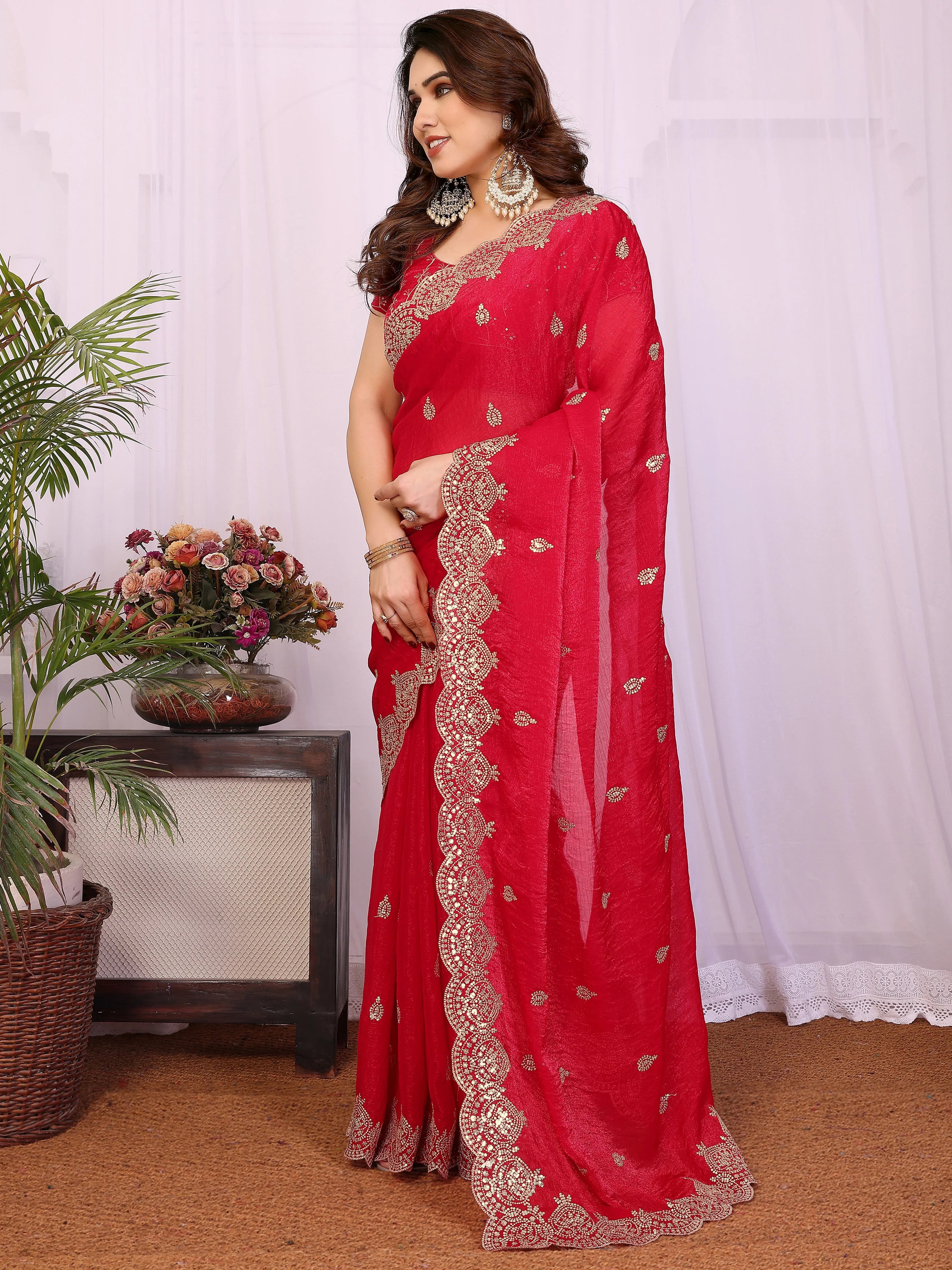 Pretty Red Sequins Chiffon Wedding Wear Saree With Blouse