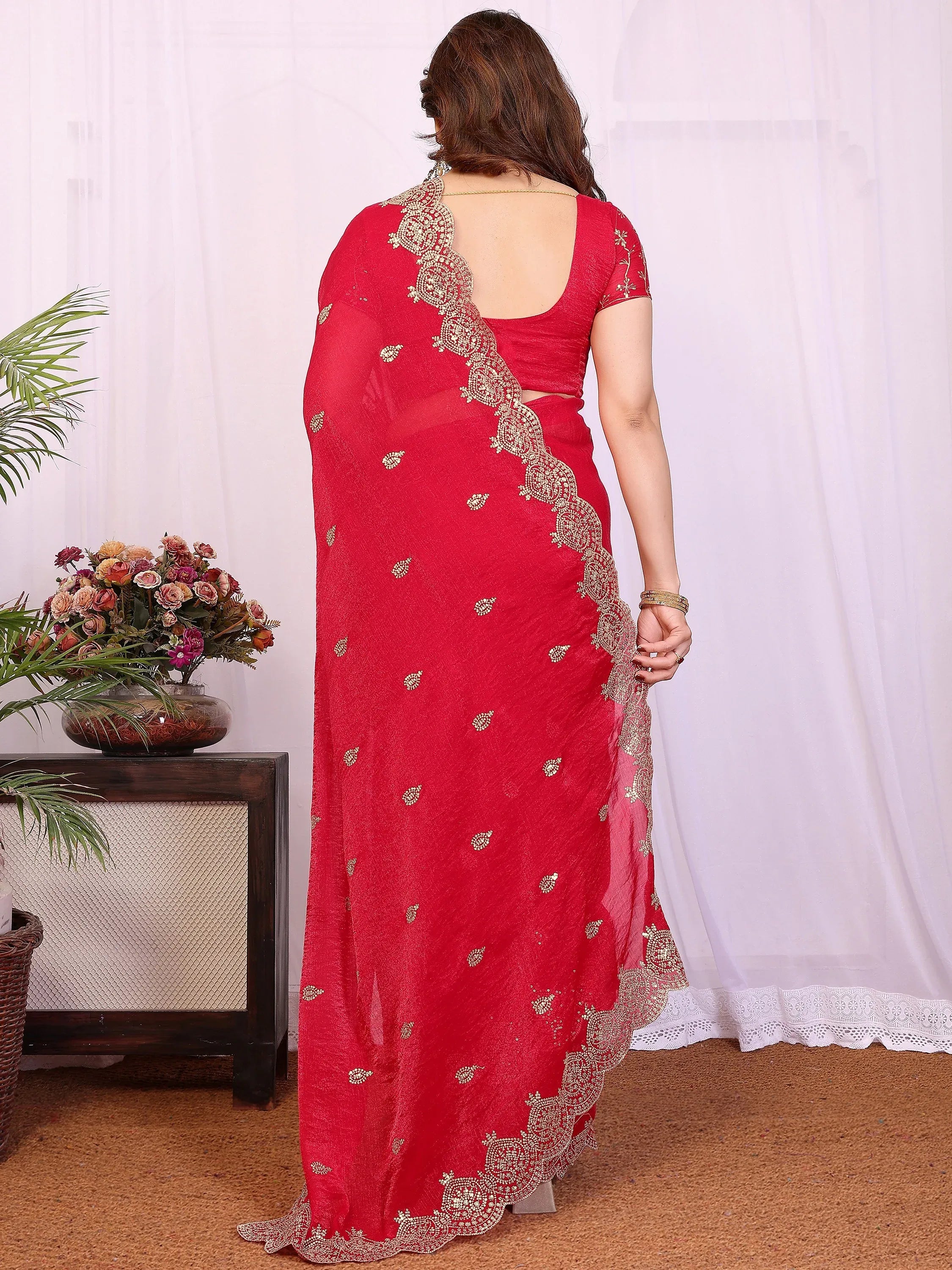 Pretty Red Sequins Chiffon Wedding Wear Saree With Blouse