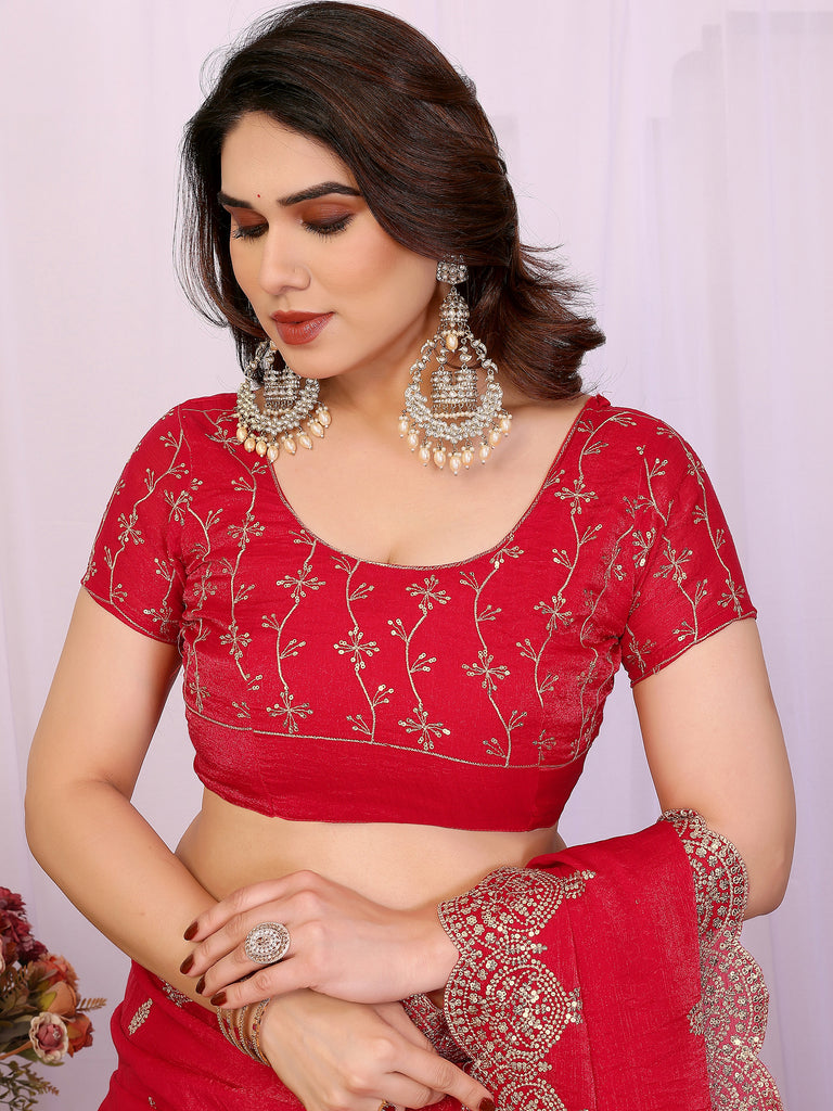 Pretty Red Sequins Chiffon Wedding Wear Saree With Blouse