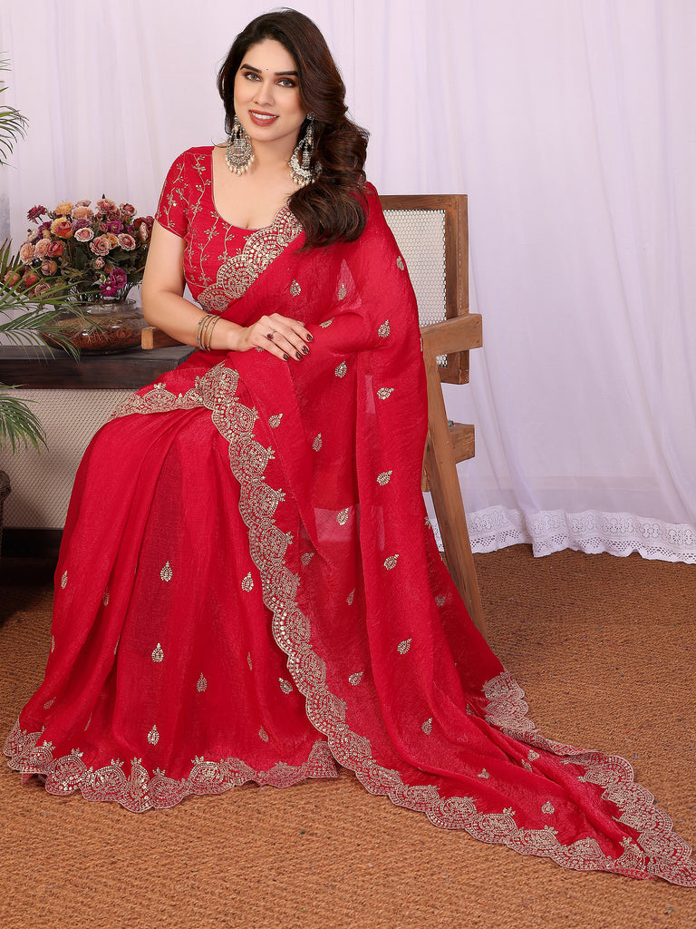 Pretty Red Sequins Chiffon Wedding Wear Saree With Blouse