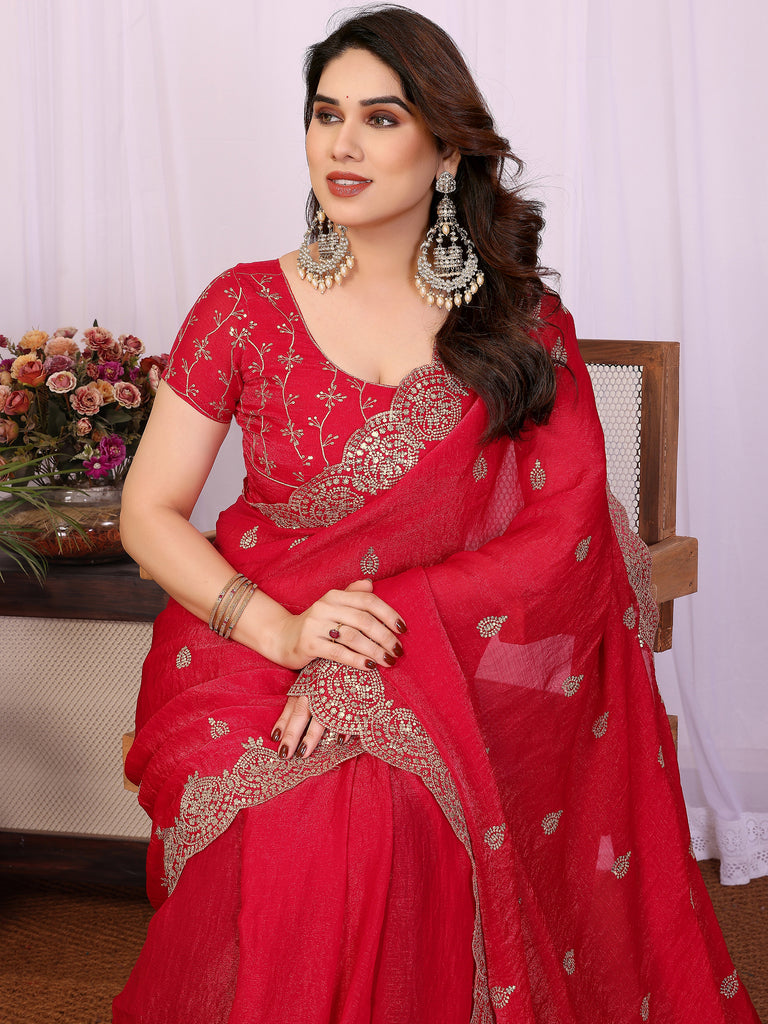 Pretty Red Sequins Chiffon Wedding Wear Saree With Blouse