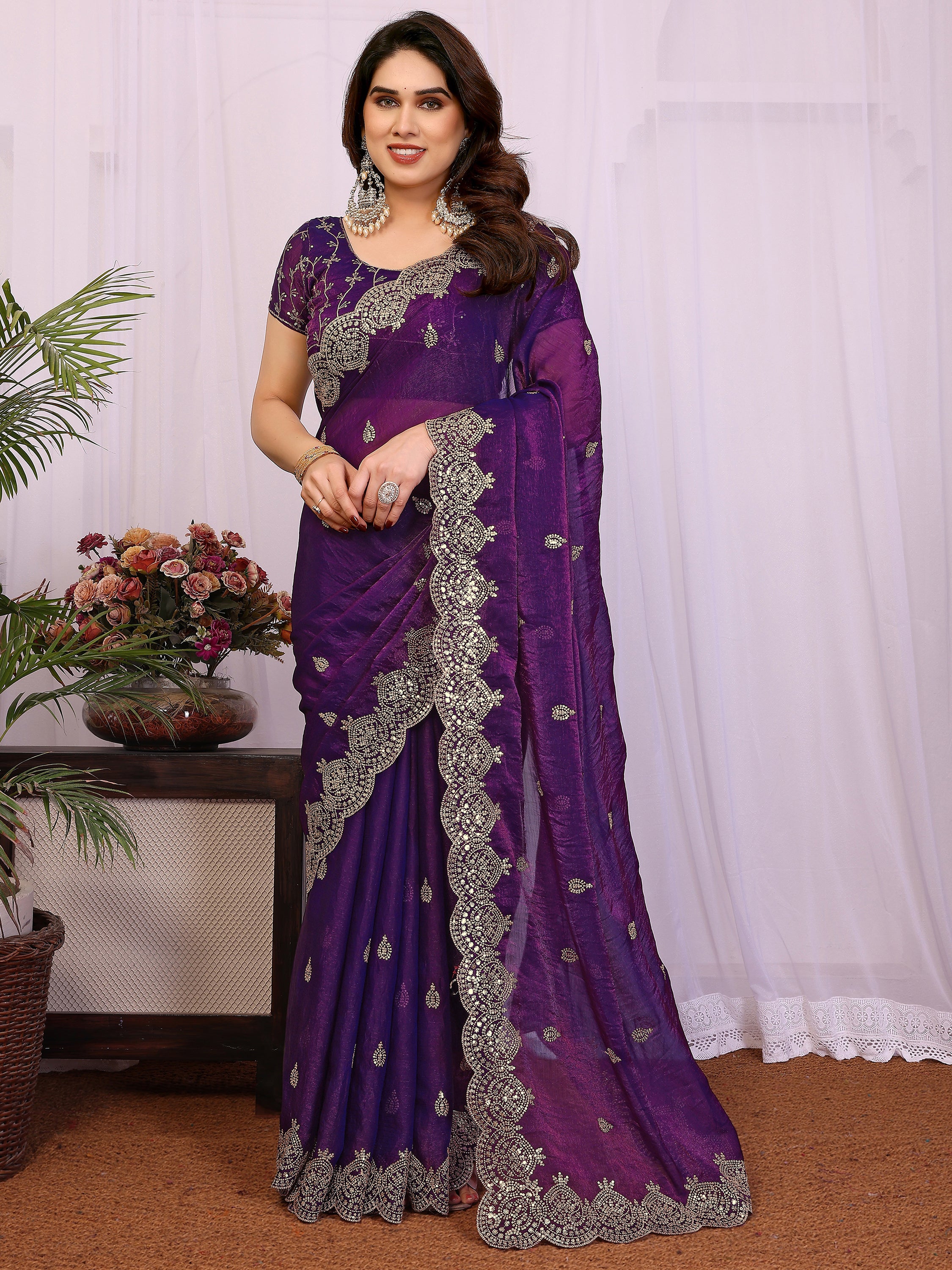 Precious Purple Sequins Chiffon Reception Wear Saree With Blouse