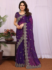 Precious Purple Sequins Chiffon Reception Wear Saree With Blouse