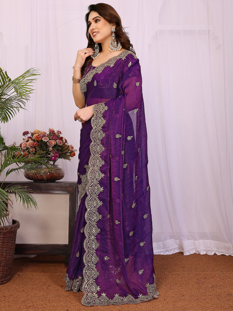 Precious Purple Sequins Chiffon Reception Wear Saree With Blouse