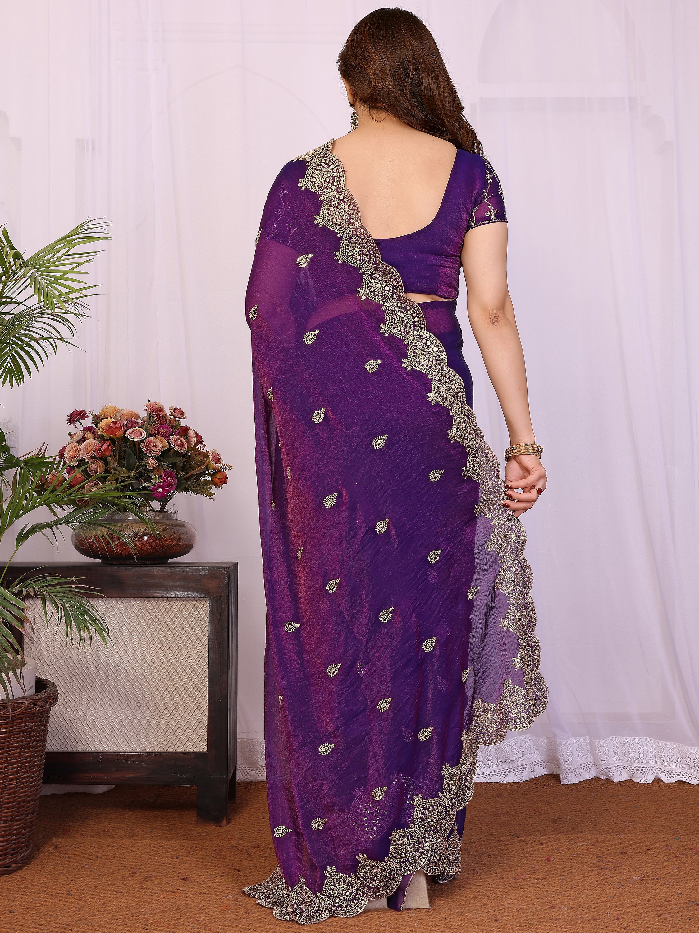 Precious Purple Sequins Chiffon Reception Wear Saree With Blouse