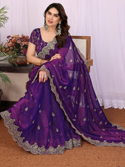 Precious Purple Sequins Chiffon Reception Wear Saree With Blouse
