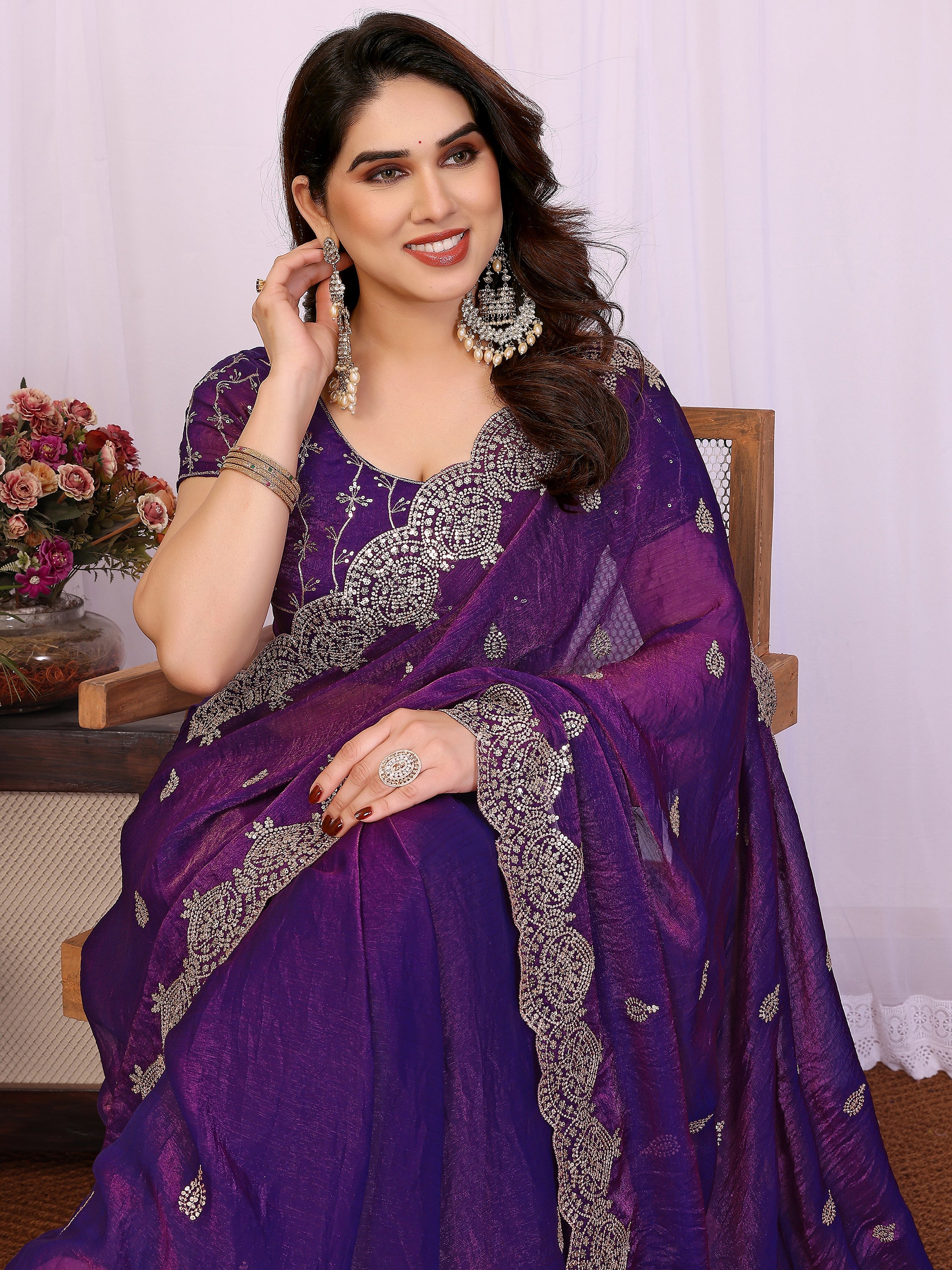 Precious Purple Sequins Chiffon Reception Wear Saree With Blouse