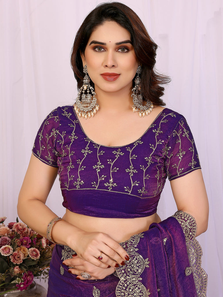Precious Purple Sequins Chiffon Reception Wear Saree With Blouse