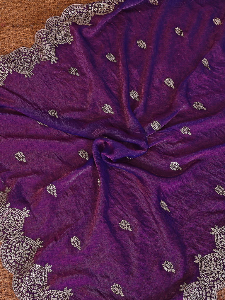 Precious Purple Sequins Chiffon Reception Wear Saree With Blouse