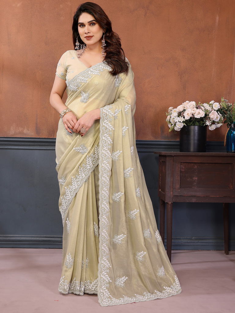 Majestic Ivory Embroidered Georgette Festival Wear Saree With Blouse