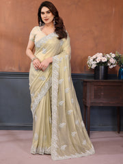 Majestic Ivory Embroidered Georgette Festival Wear Saree With Blouse