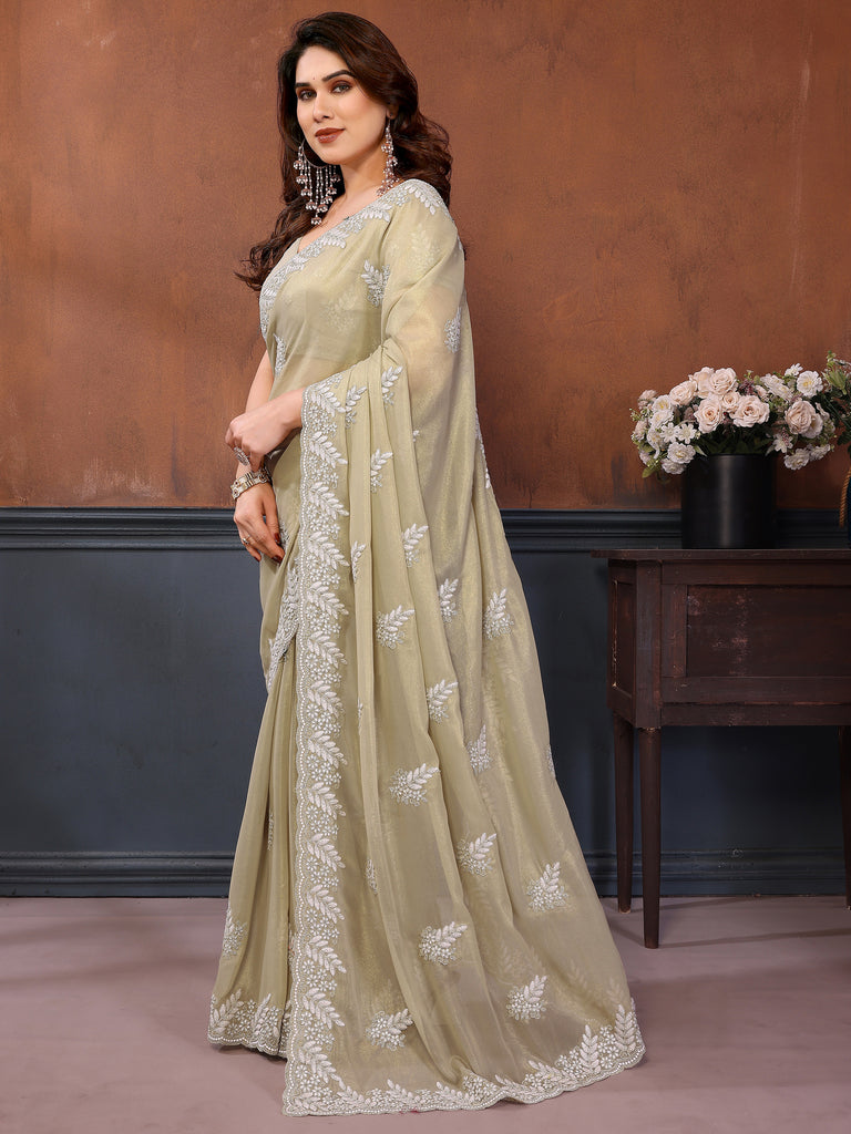 Majestic Ivory Embroidered Georgette Festival Wear Saree With Blouse