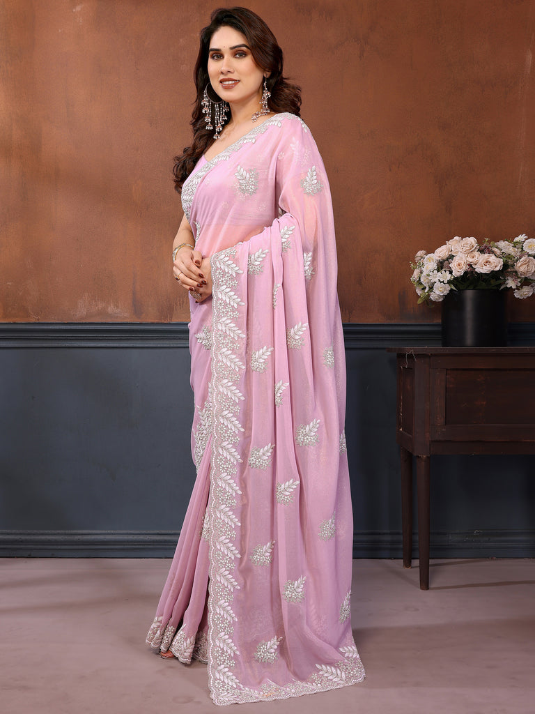 Incredible Baby Pink Embroidered Georgette Party Wear Saree