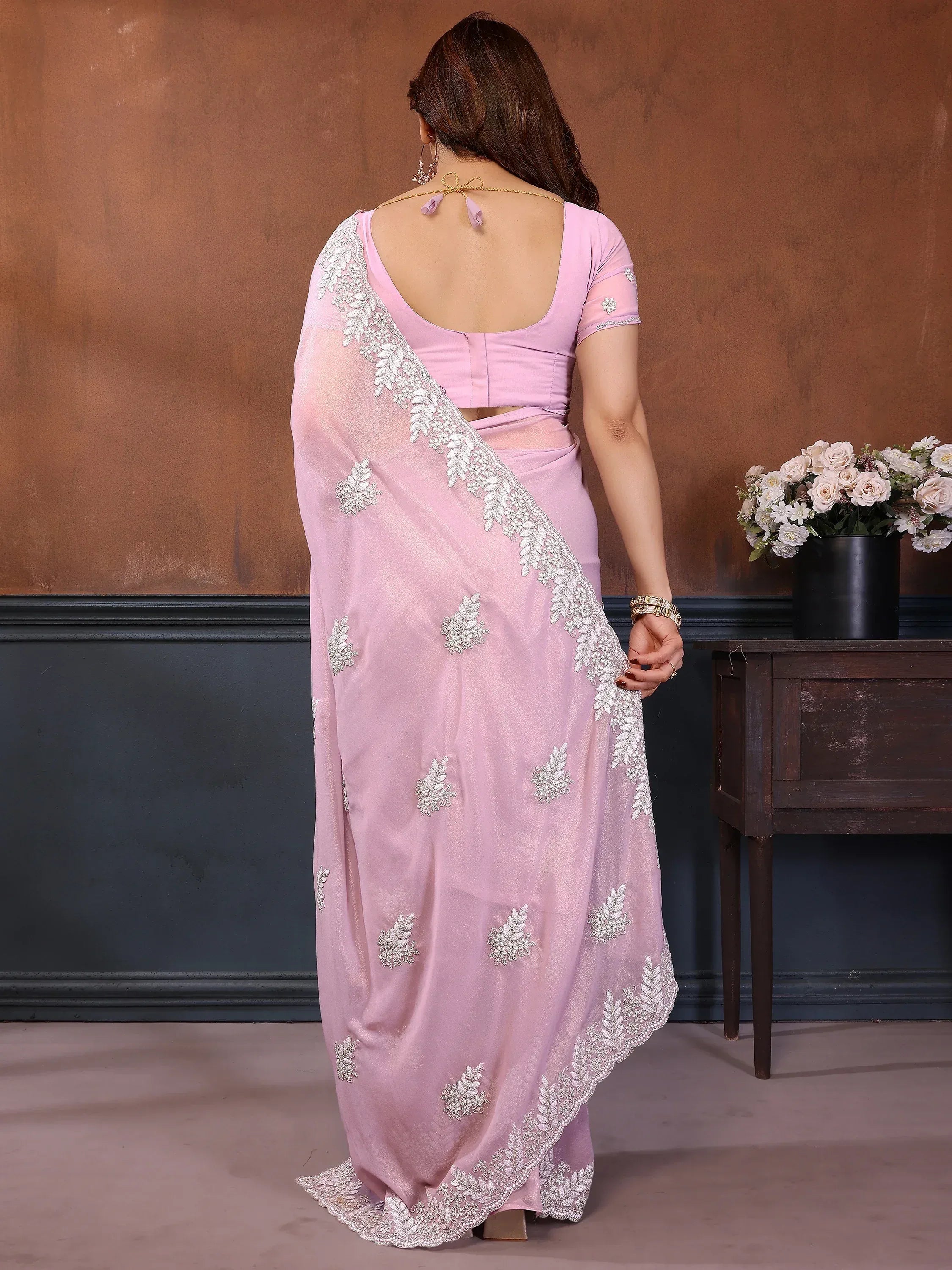 Incredible Baby Pink Embroidered Georgette Party Wear Saree
