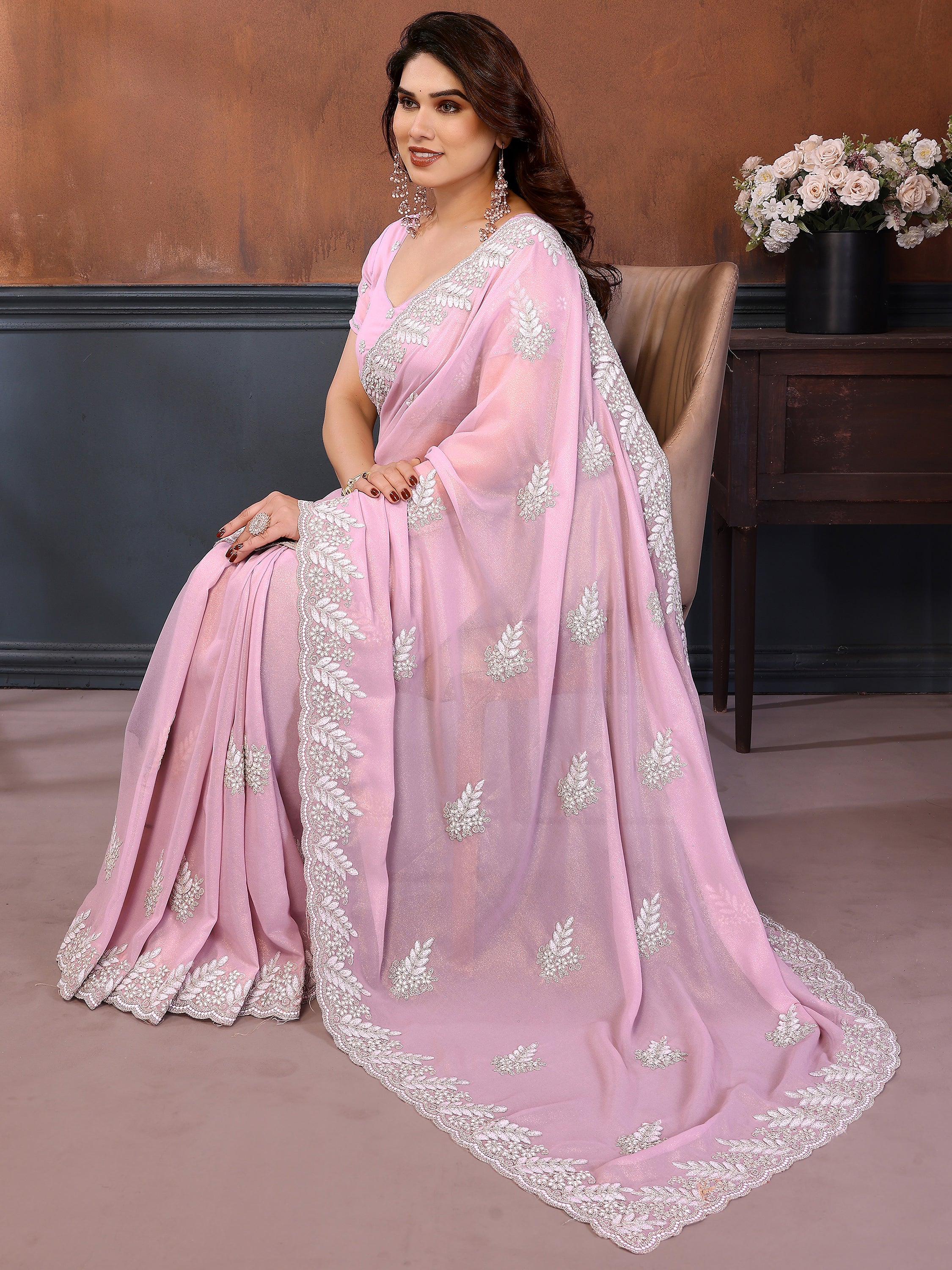 Incredible Baby Pink Embroidered Georgette Party Wear Saree
