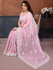 Incredible Baby Pink Embroidered Georgette Party Wear Saree