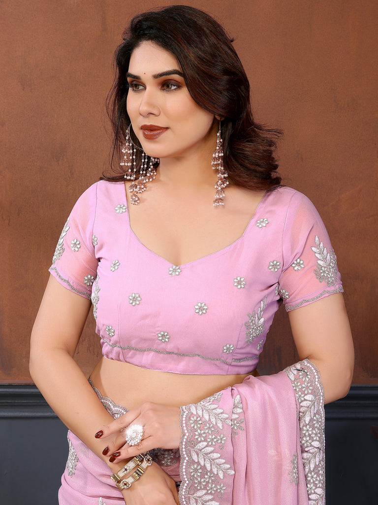 Incredible Baby Pink Embroidered Georgette Party Wear Saree
