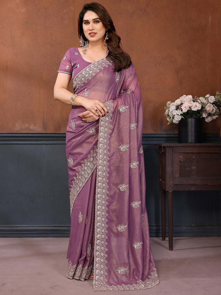 Elegant Dusty Purple Embroidered Georgette Engagement Wear Saree
