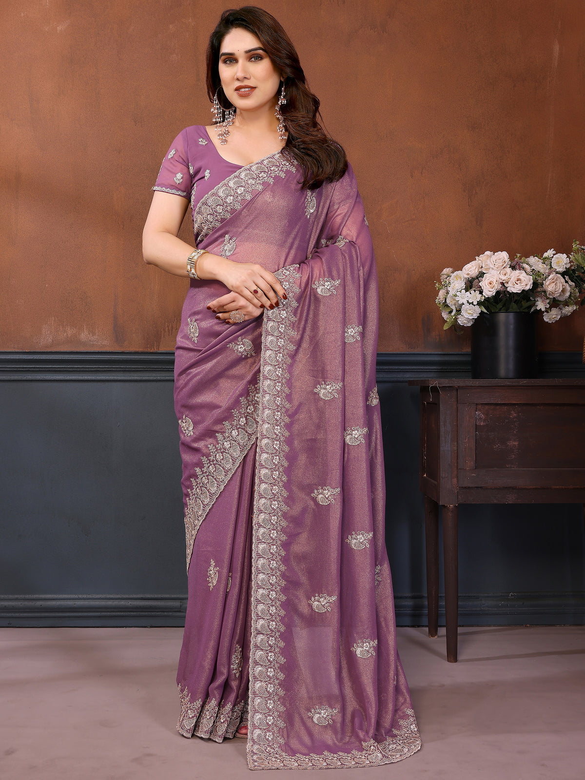 Elegant Dusty Purple Embroidered Georgette Engagement Wear Saree