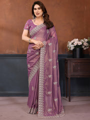 Elegant Dusty Purple Embroidered Georgette Engagement Wear Saree