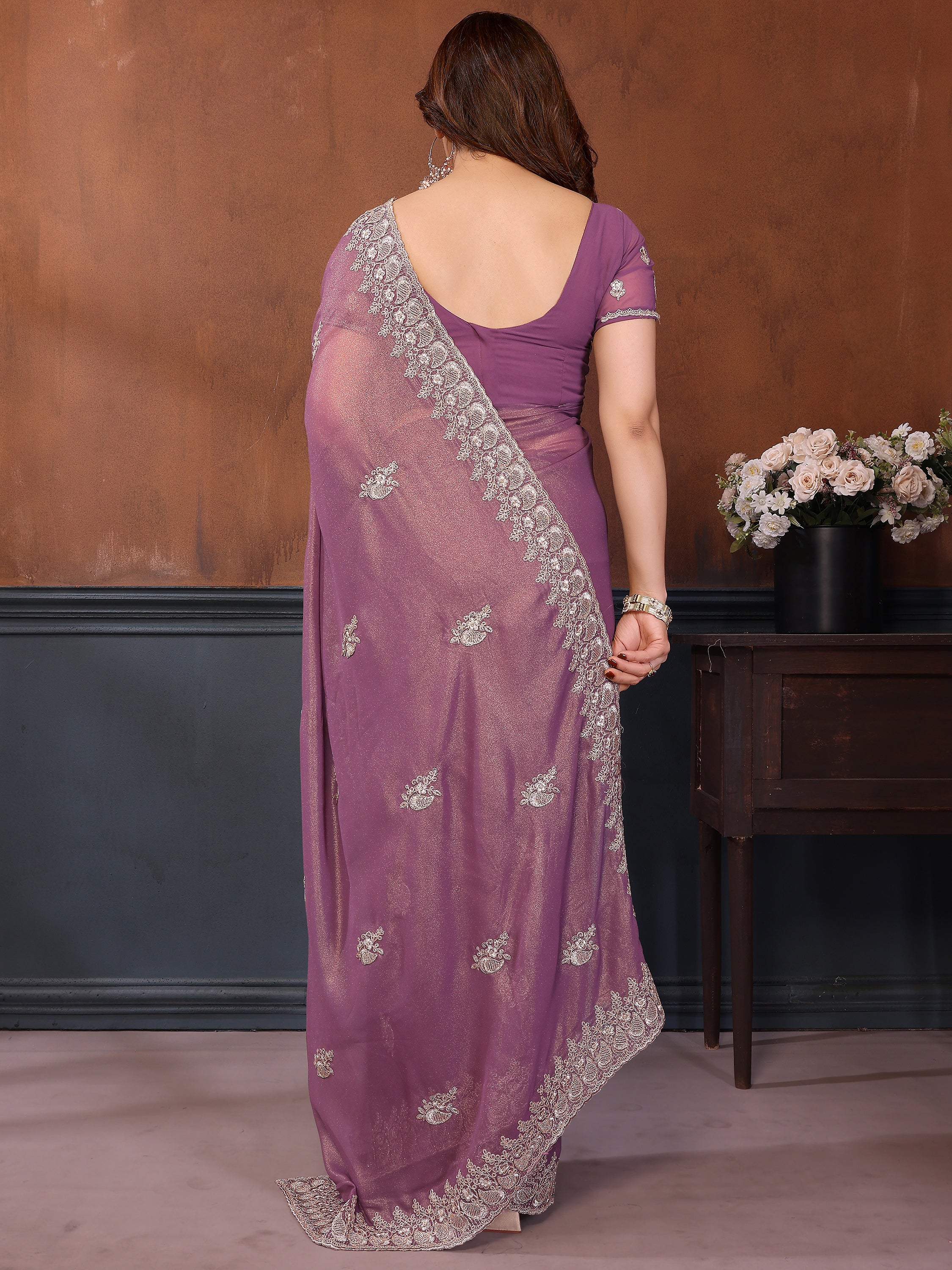 Elegant Dusty Purple Embroidered Georgette Engagement Wear Saree