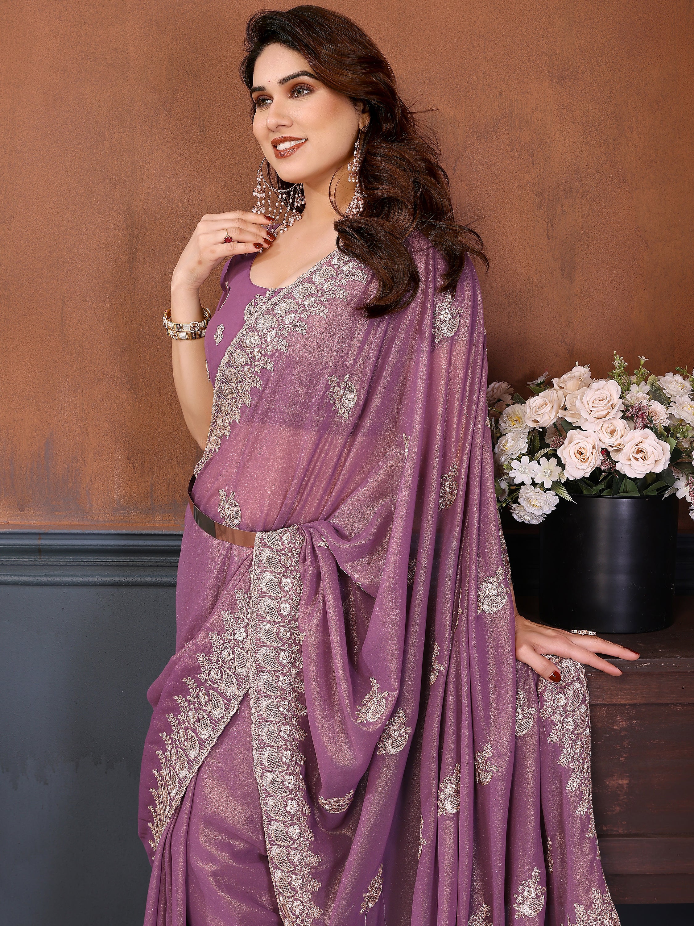 Elegant Dusty Purple Embroidered Georgette Engagement Wear Saree
