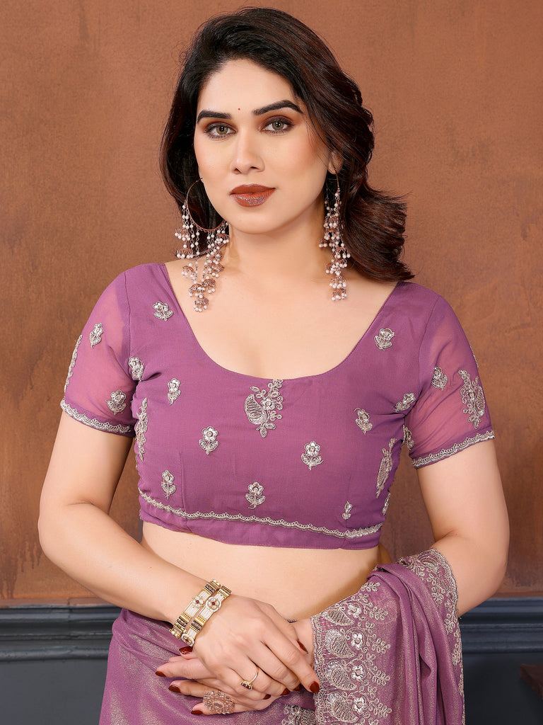 Elegant Dusty Purple Embroidered Georgette Engagement Wear Saree