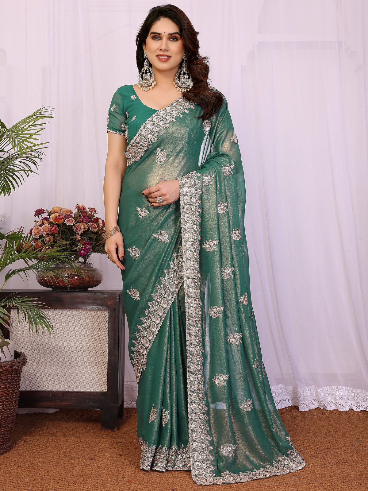 Outstanding Green Zari Embroidered Georgette Saree With Blouse