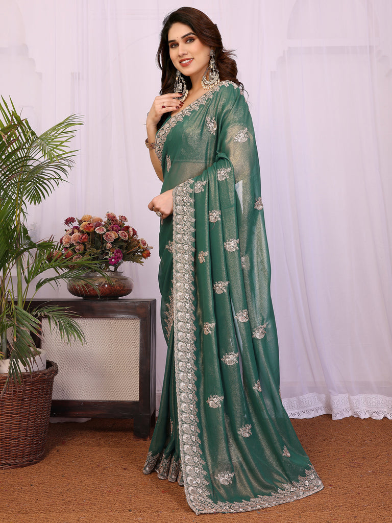 Outstanding Green Zari Embroidered Georgette Saree With Blouse