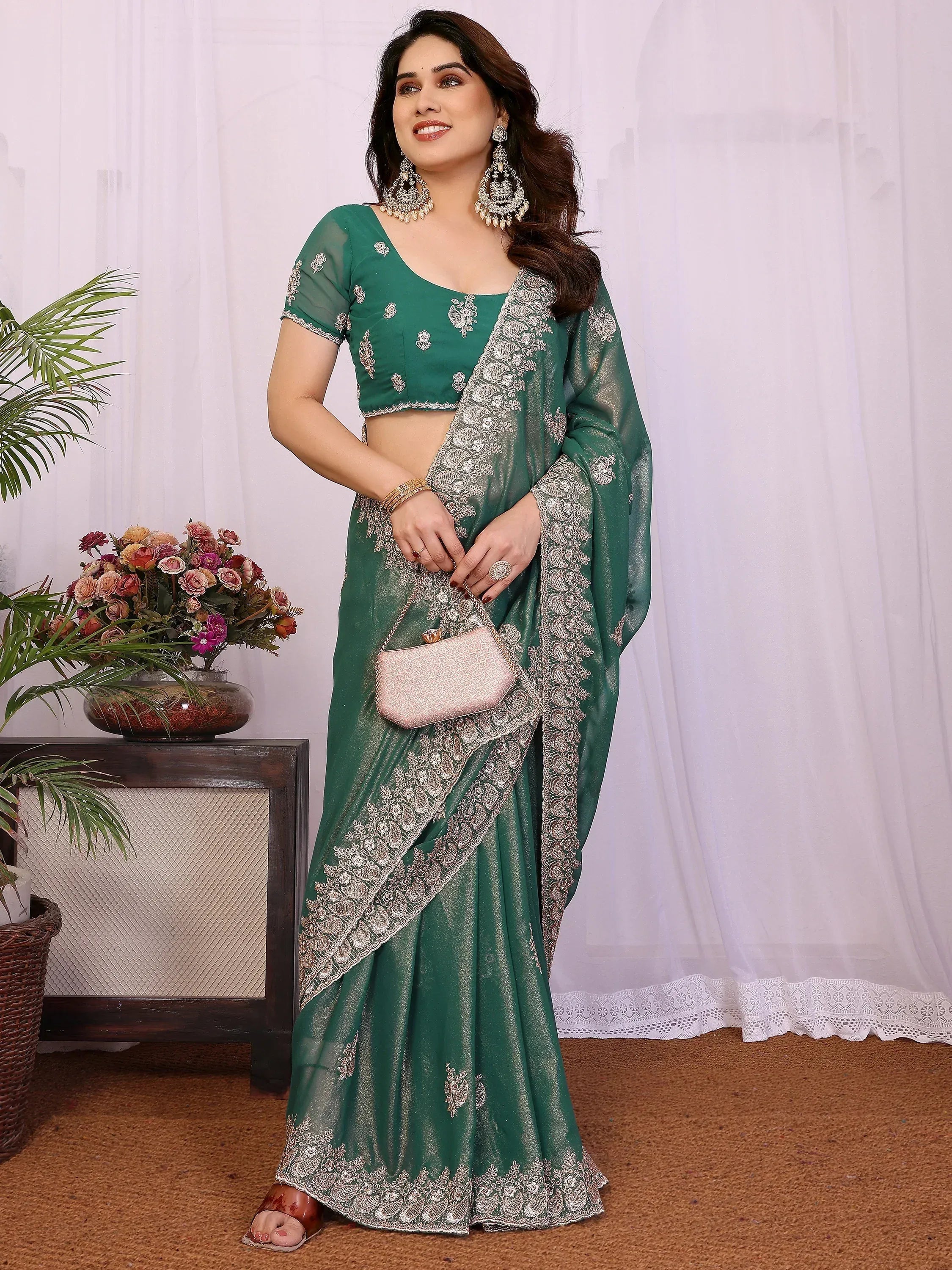 Outstanding Green Zari Embroidered Georgette Saree With Blouse