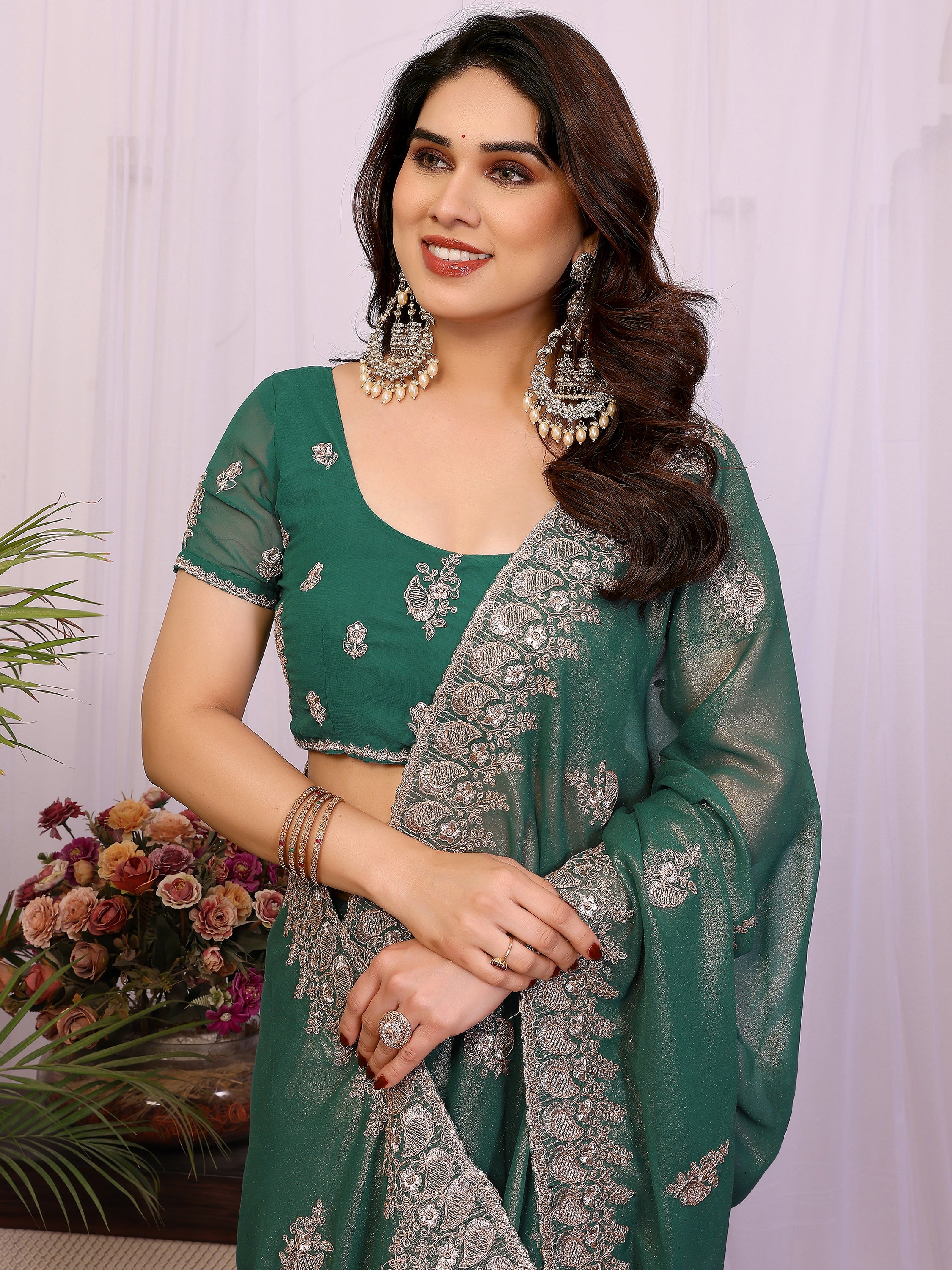 Outstanding Green Zari Embroidered Georgette Saree With Blouse