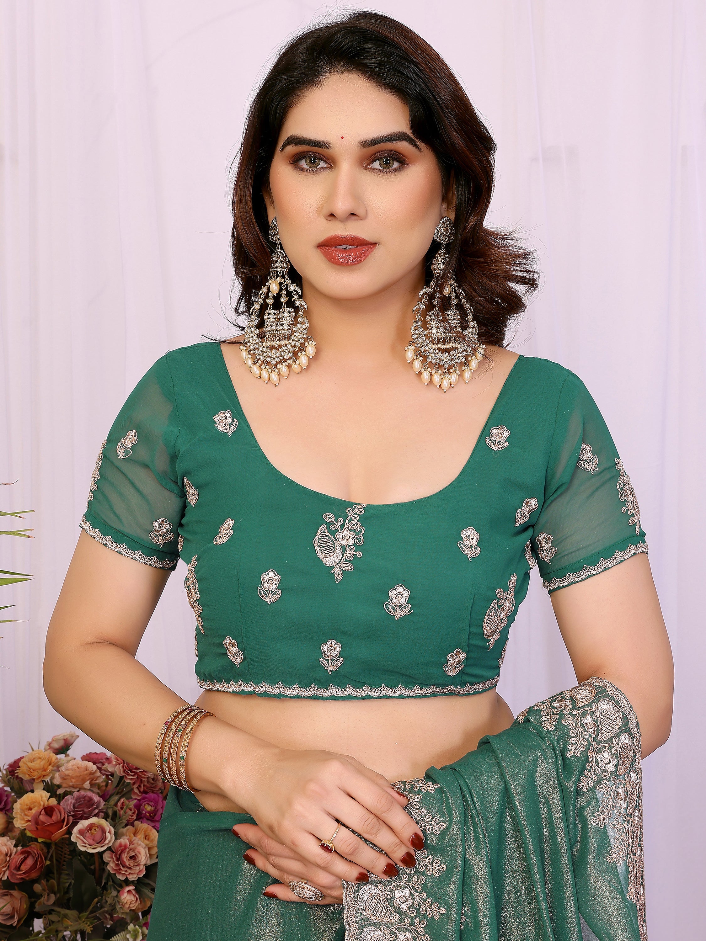 Outstanding Green Zari Embroidered Georgette Saree With Blouse