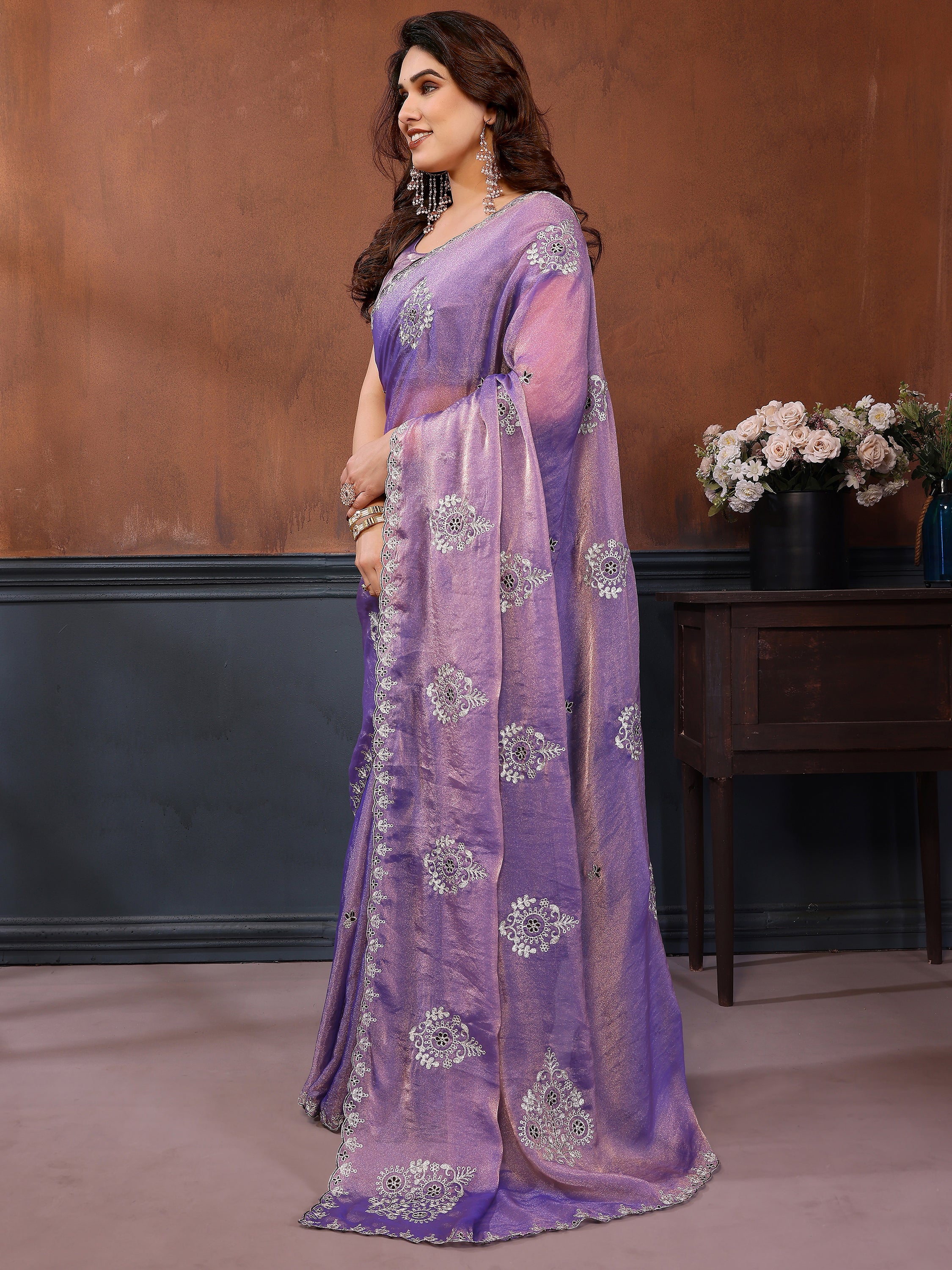 Adorable Lavender Embroidered Chiffon Wedding Saree With Blouse