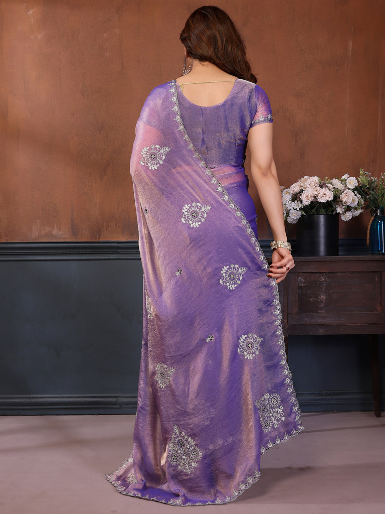 Adorable Lavender Embroidered Chiffon Wedding Saree With Blouse