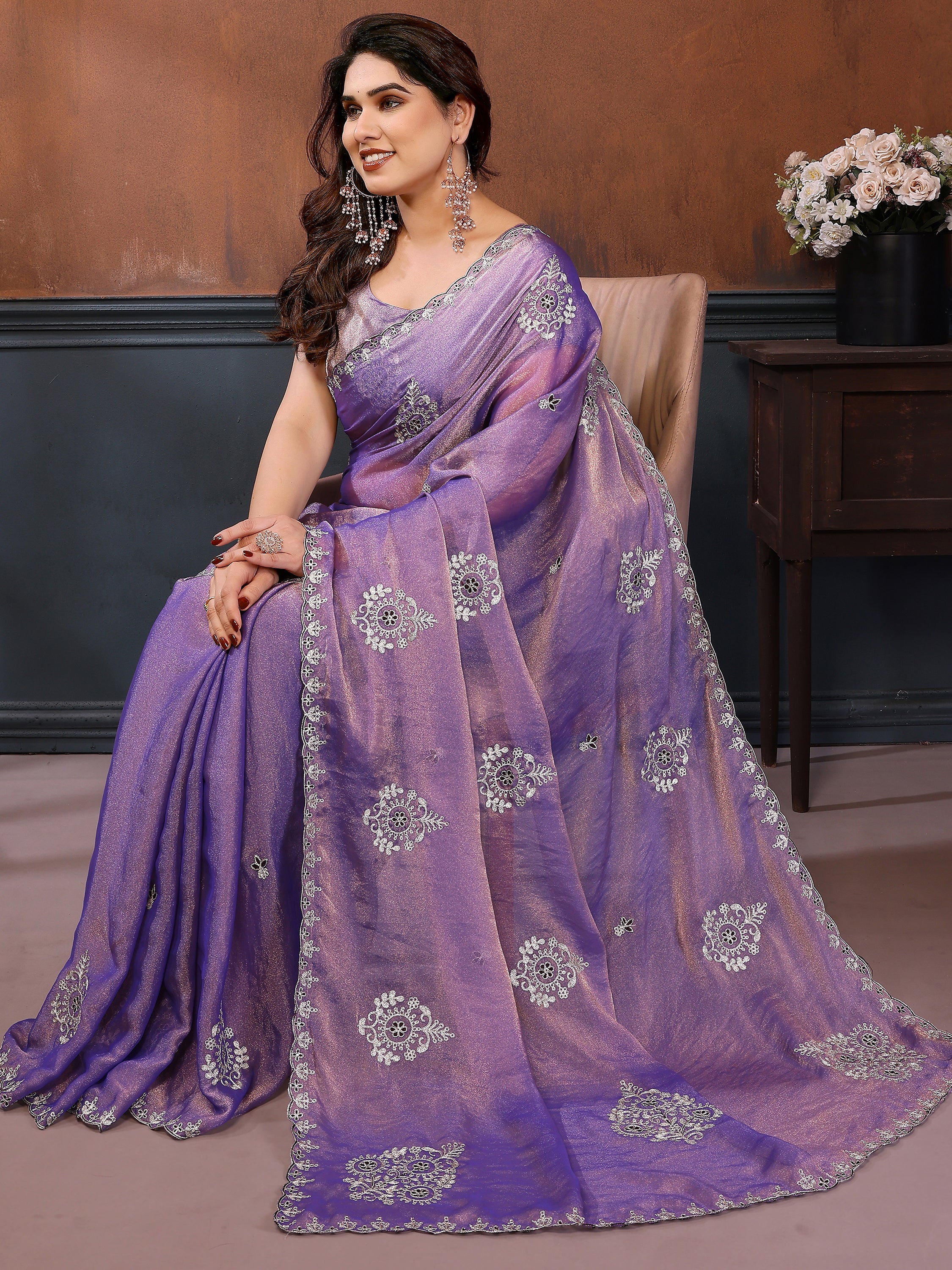Adorable Lavender Embroidered Chiffon Wedding Saree With Blouse