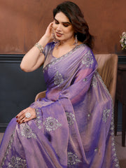 Adorable Lavender Embroidered Chiffon Wedding Saree With Blouse