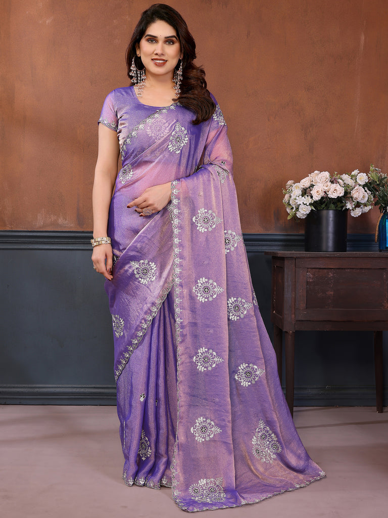 Adorable Lavender Embroidered Chiffon Wedding Saree With Blouse