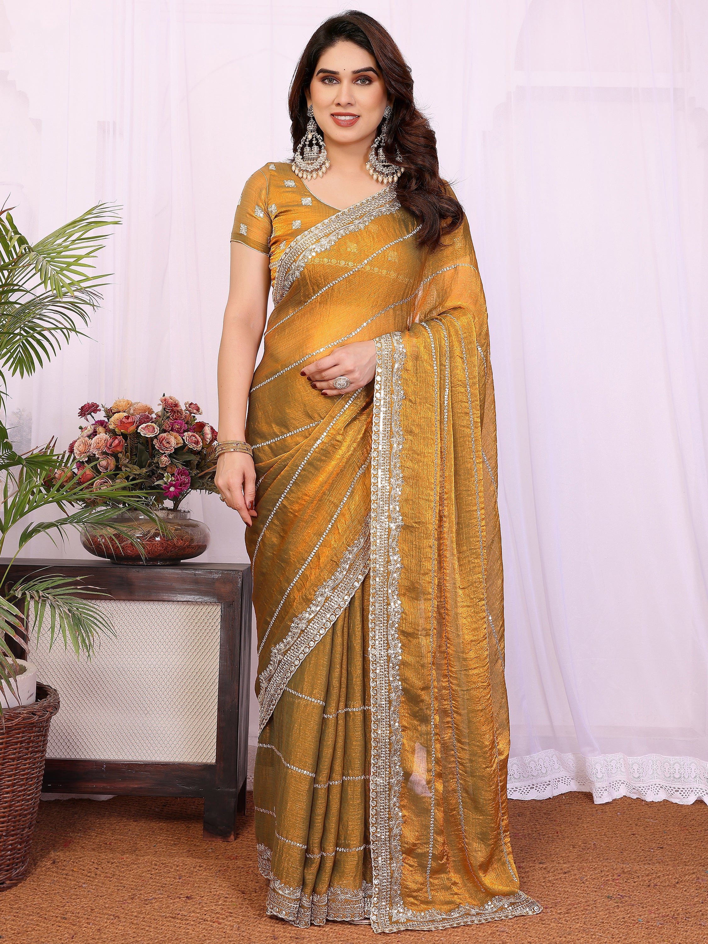 Glamorous Mustard Yellow Embroidered Chiffon Function Wear Saree
