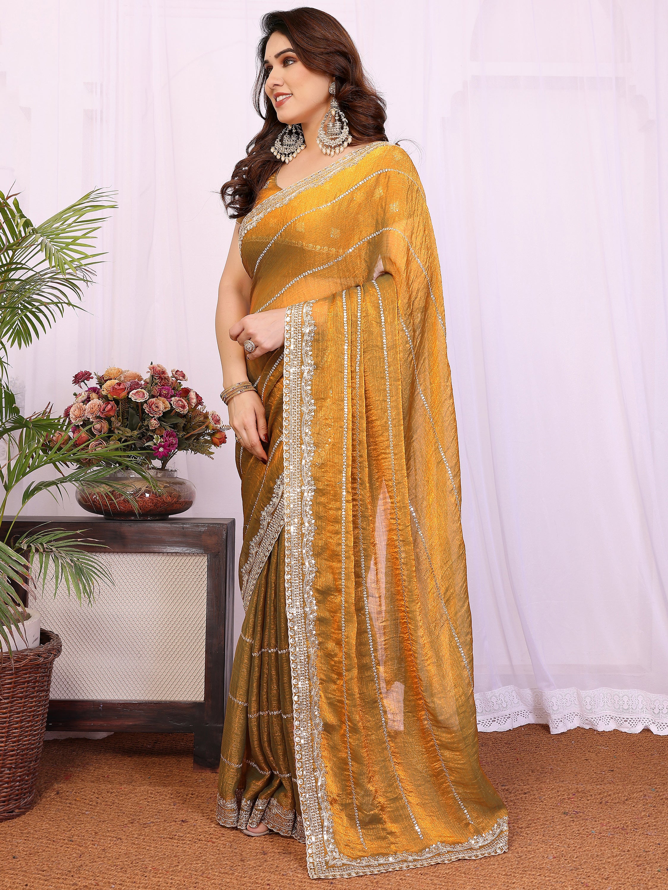 Glamorous Mustard Yellow Embroidered Chiffon Function Wear Saree