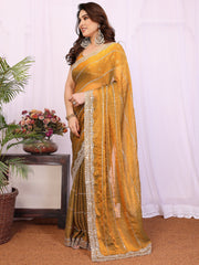 Glamorous Mustard Yellow Embroidered Chiffon Function Wear Saree