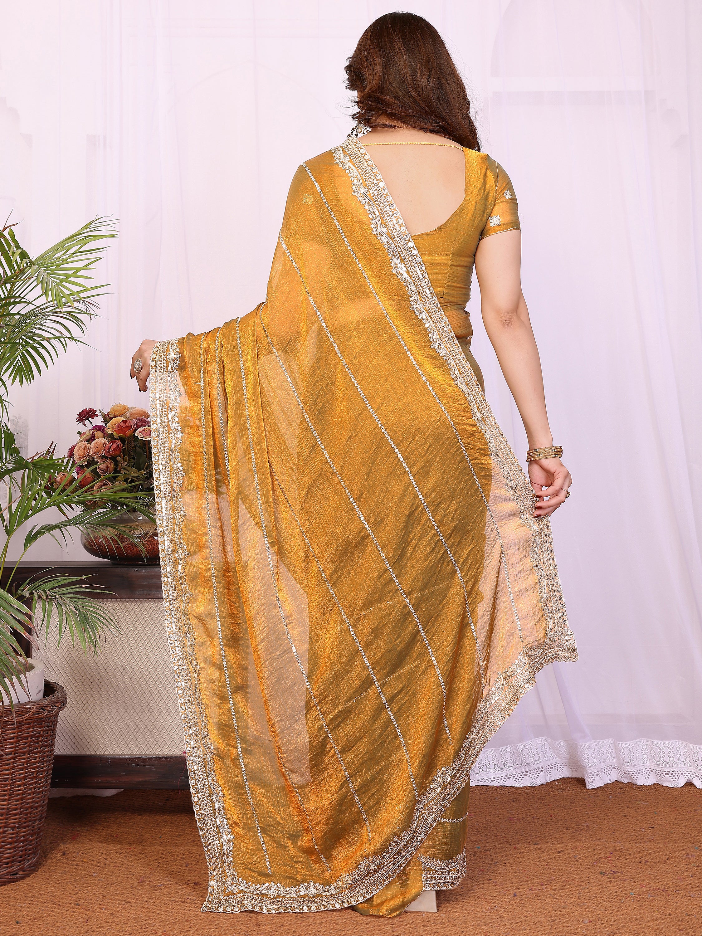 Glamorous Mustard Yellow Embroidered Chiffon Function Wear Saree